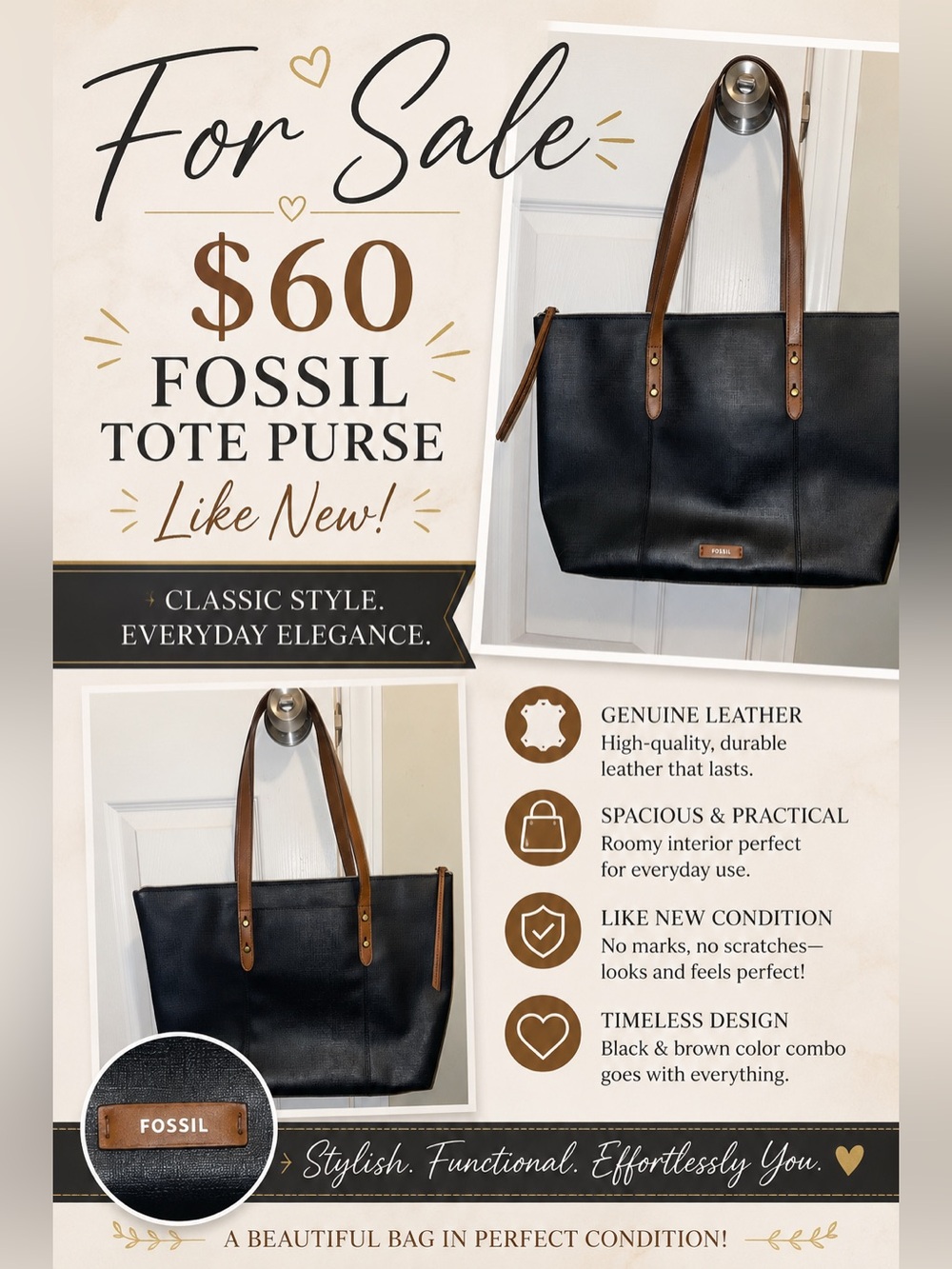 Fossil Black Tote with Brown Leather Handles